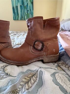 Frye Brown Leather Buckle Ankle Boots